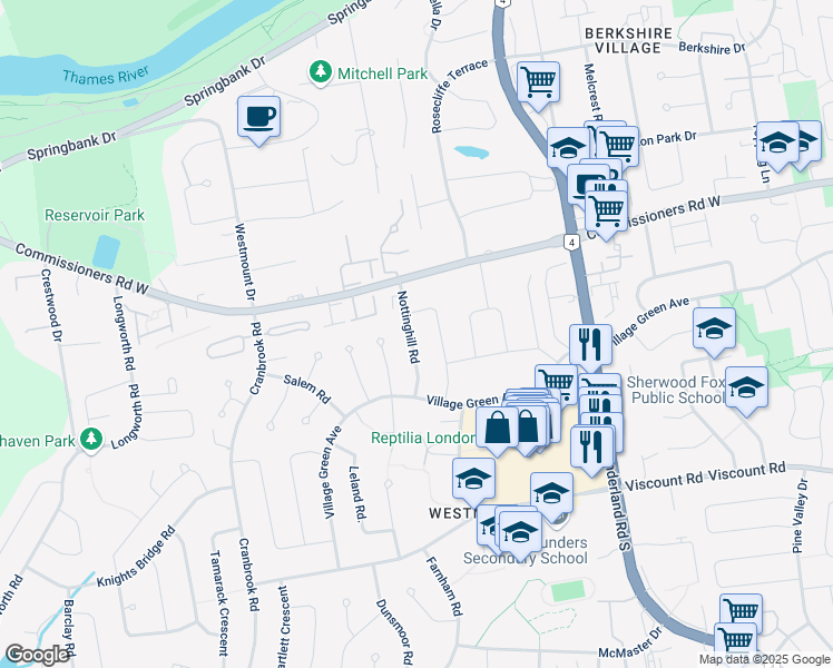 map of restaurants, bars, coffee shops, grocery stores, and more near 552 Nottinghill Road in London
