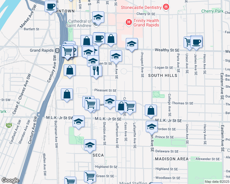 map of restaurants, bars, coffee shops, grocery stores, and more near 601 Jefferson Avenue Southeast in Grand Rapids