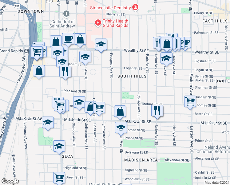 map of restaurants, bars, coffee shops, grocery stores, and more near 336 Pleasant Street Southeast in Grand Rapids