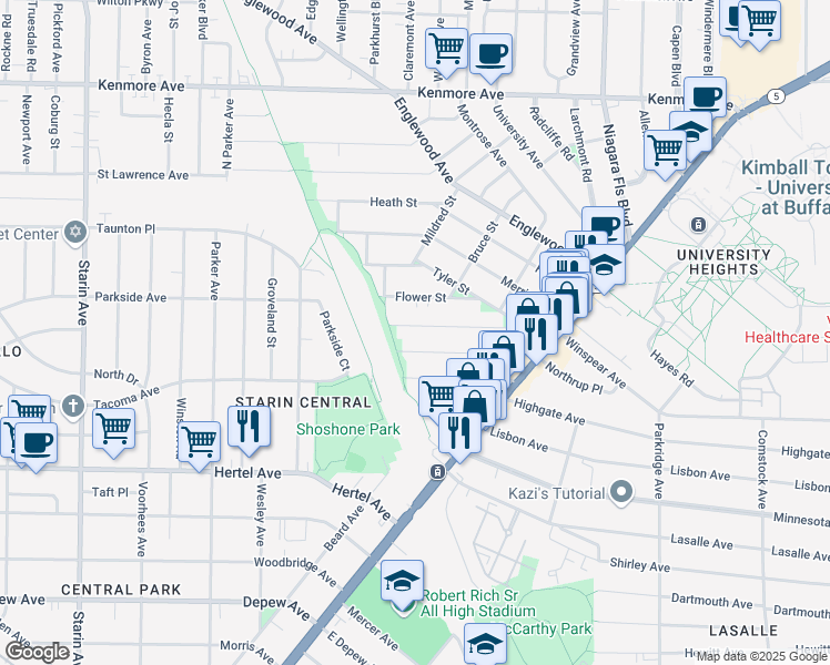 map of restaurants, bars, coffee shops, grocery stores, and more near 144 West Winspear Avenue in Buffalo