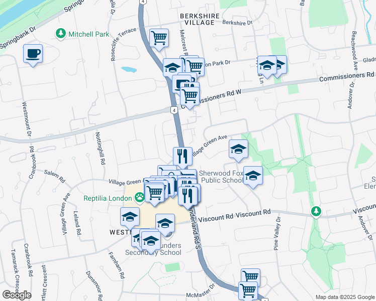 map of restaurants, bars, coffee shops, grocery stores, and more near 744 Wonderland Road South in London