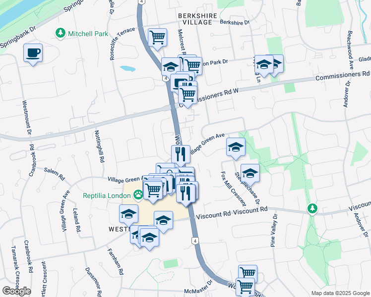 map of restaurants, bars, coffee shops, grocery stores, and more near 505 Village Green Avenue in London