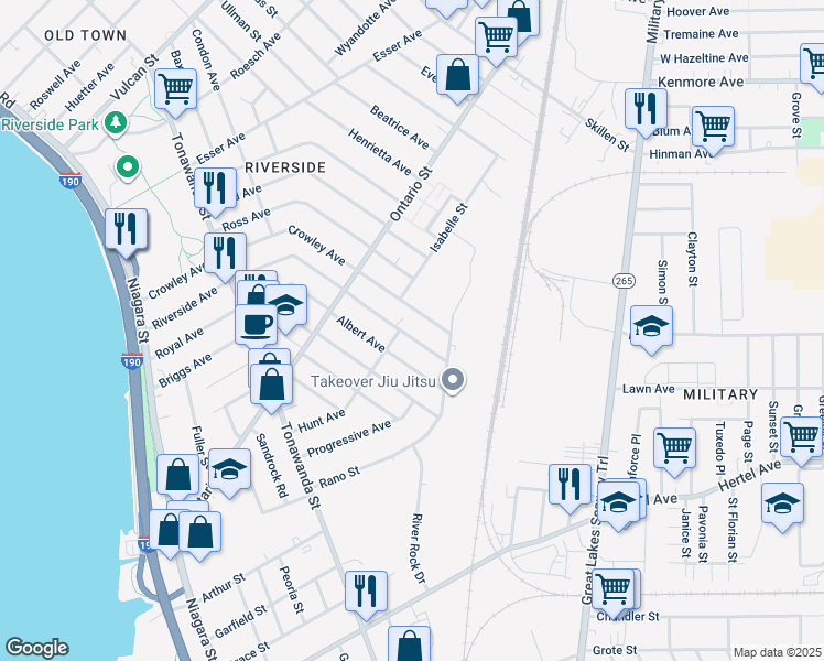 map of restaurants, bars, coffee shops, grocery stores, and more near 331 Riverside Avenue in Buffalo