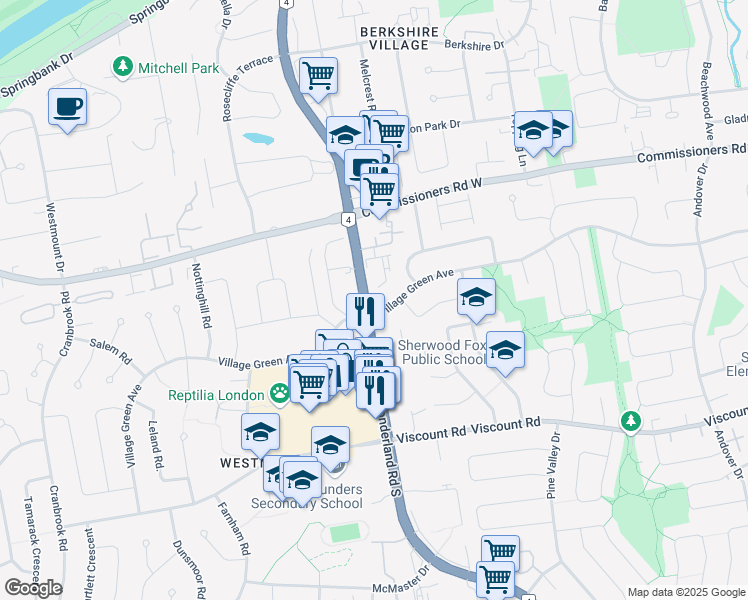 map of restaurants, bars, coffee shops, grocery stores, and more near 505 Village Green Avenue in London