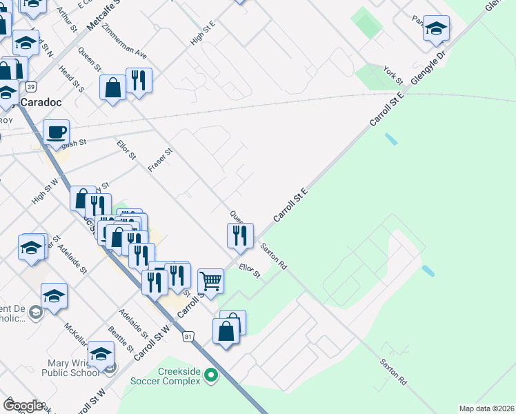 map of restaurants, bars, coffee shops, grocery stores, and more near 25 Alexander Circle in Strathroy
