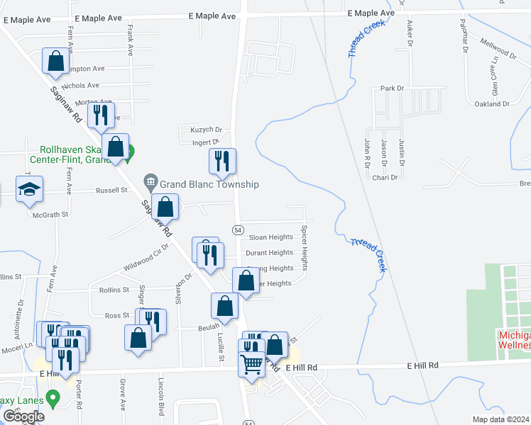 map of restaurants, bars, coffee shops, grocery stores, and more near 3064 Kettering Heights in Flint
