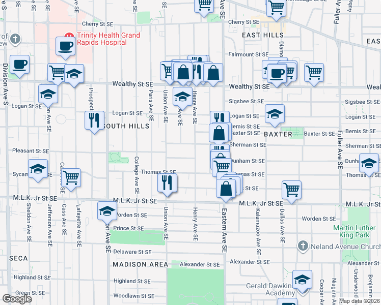 map of restaurants, bars, coffee shops, grocery stores, and more near 634 Henry Avenue Southeast in Grand Rapids