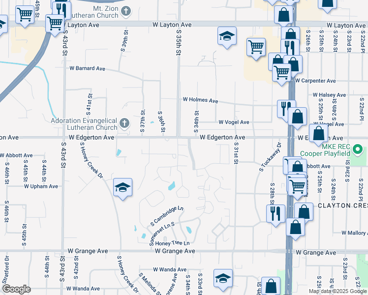 map of restaurants, bars, coffee shops, grocery stores, and more near 5170 West Abbott Avenue in Greenfield