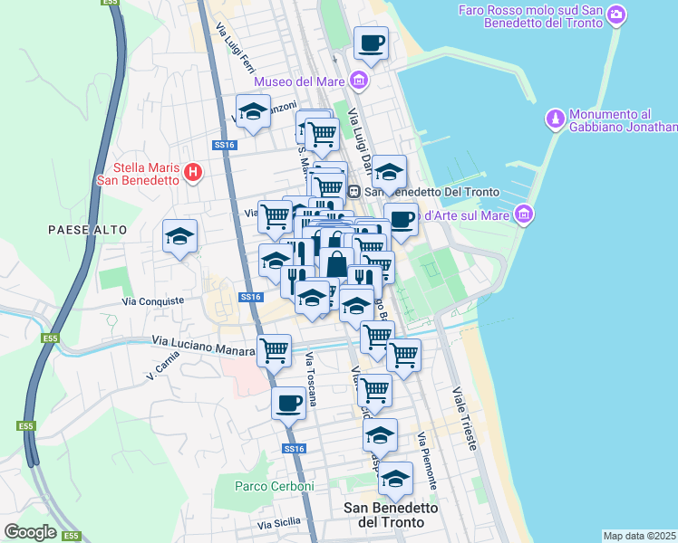 map of restaurants, bars, coffee shops, grocery stores, and more near 21 Viale Secondo Moretti in San Benedetto del Tronto