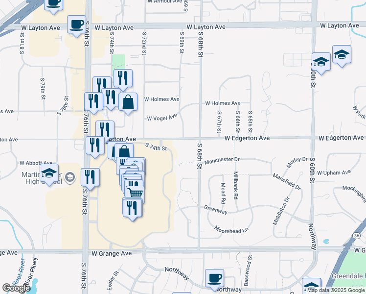 map of restaurants, bars, coffee shops, grocery stores, and more near 6901 West Edgerton Avenue in Greenfield