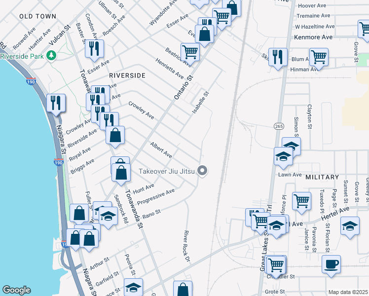 map of restaurants, bars, coffee shops, grocery stores, and more near 324 Riverside Avenue in Buffalo