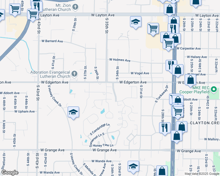 map of restaurants, bars, coffee shops, grocery stores, and more near 5170 West Abbott Avenue in Greenfield