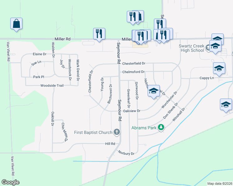 map of restaurants, bars, coffee shops, grocery stores, and more near 5194 Seymour Road in Swartz Creek