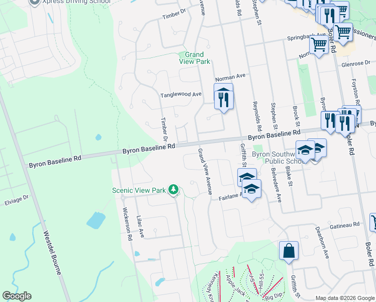 map of restaurants, bars, coffee shops, grocery stores, and more near 18 Fairlane Crescent in London