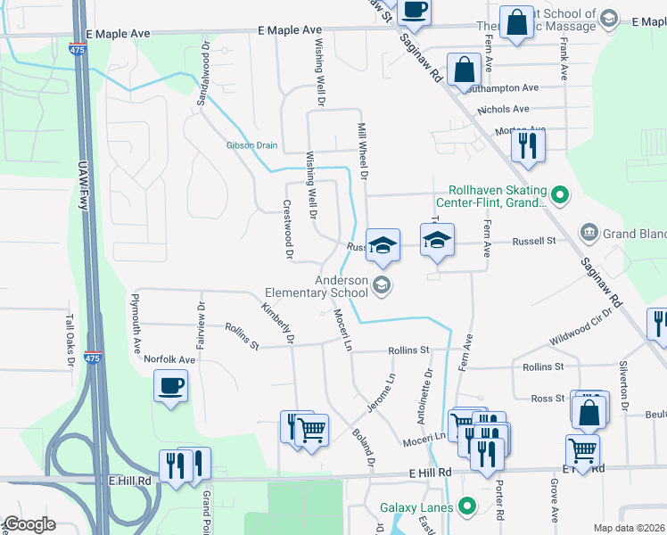map of restaurants, bars, coffee shops, grocery stores, and more near 5295 Moceri Lane in Grand Blanc