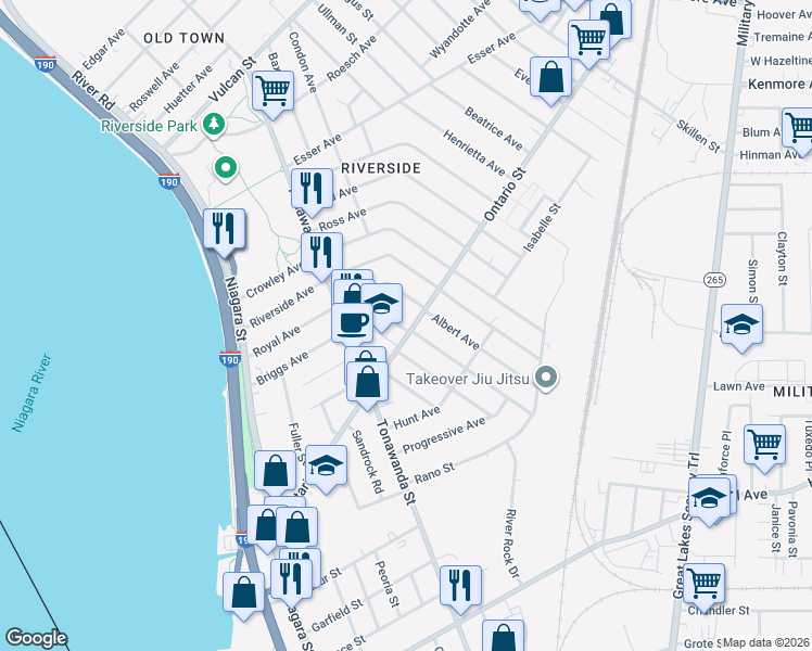 map of restaurants, bars, coffee shops, grocery stores, and more near 252 Ontario Street in Buffalo