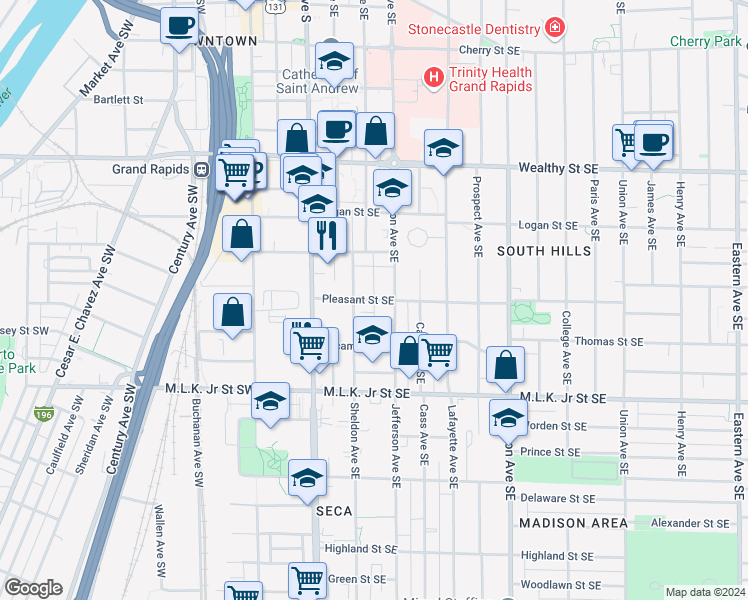 map of restaurants, bars, coffee shops, grocery stores, and more near 599 Thompson Court in Grand Rapids