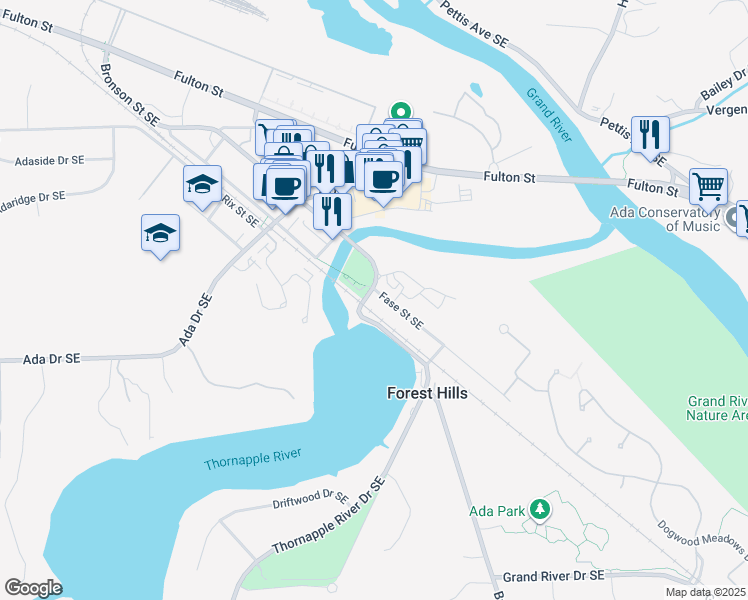 map of restaurants, bars, coffee shops, grocery stores, and more near 7510 Thornapple River Drive Southeast in Ada