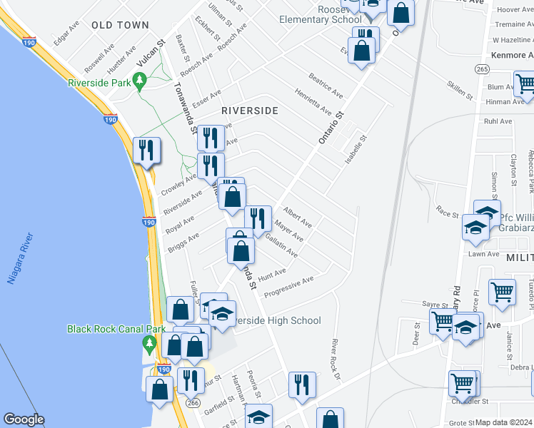 map of restaurants, bars, coffee shops, grocery stores, and more near 252 Ontario Street in Buffalo