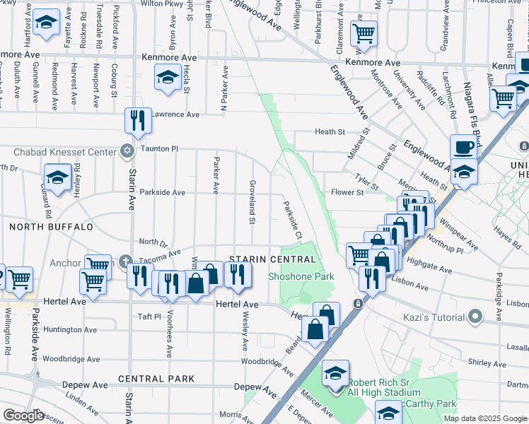 map of restaurants, bars, coffee shops, grocery stores, and more near 125 Shoshone Street in Buffalo