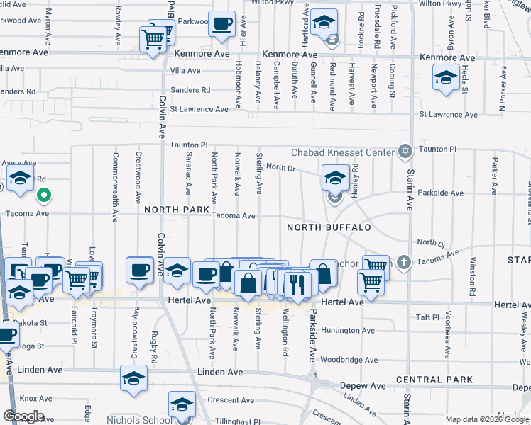 map of restaurants, bars, coffee shops, grocery stores, and more near 236 Wellington Road in Buffalo