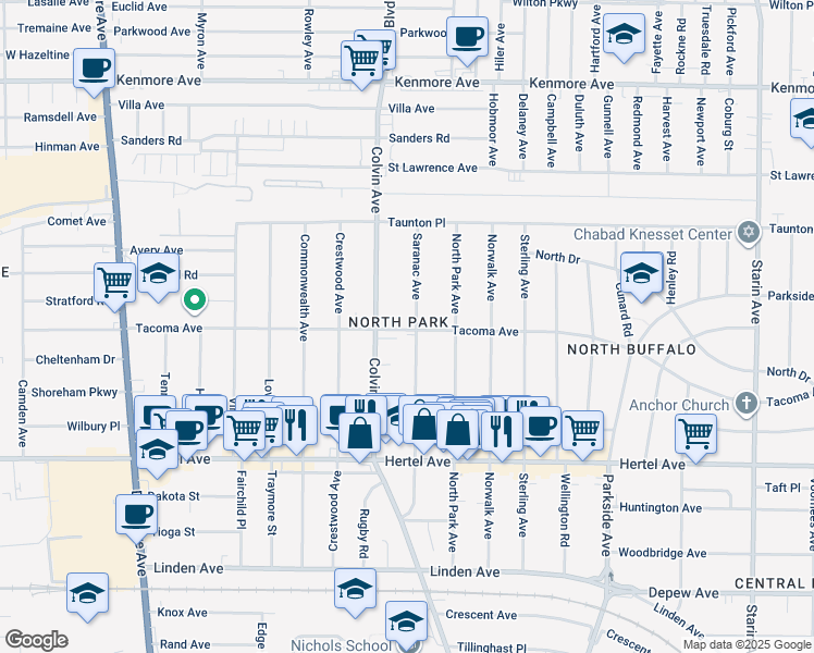 map of restaurants, bars, coffee shops, grocery stores, and more near 186 Saranac Avenue in Buffalo