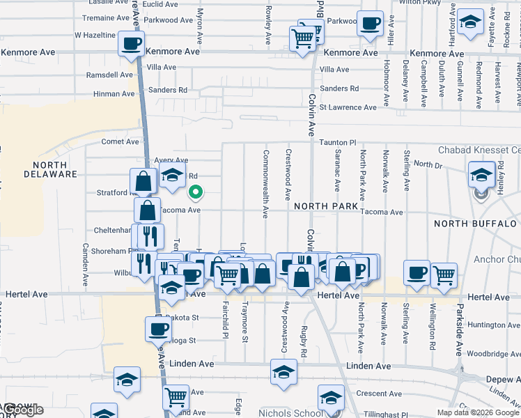 map of restaurants, bars, coffee shops, grocery stores, and more near in Buffalo