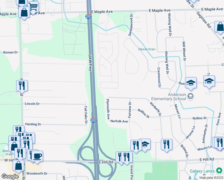 map of restaurants, bars, coffee shops, grocery stores, and more near 5149 Kimberly Drive in Grand Blanc