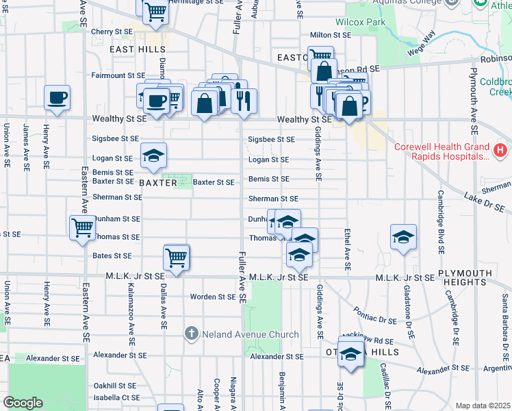 map of restaurants, bars, coffee shops, grocery stores, and more near 1235 Dunham Street Southeast in Grand Rapids