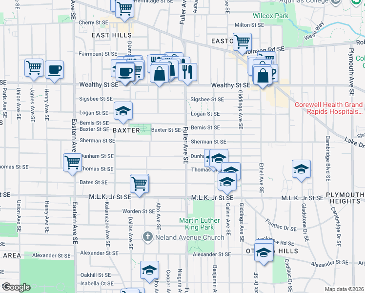 map of restaurants, bars, coffee shops, grocery stores, and more near 627 Fuller Avenue Southeast in Grand Rapids