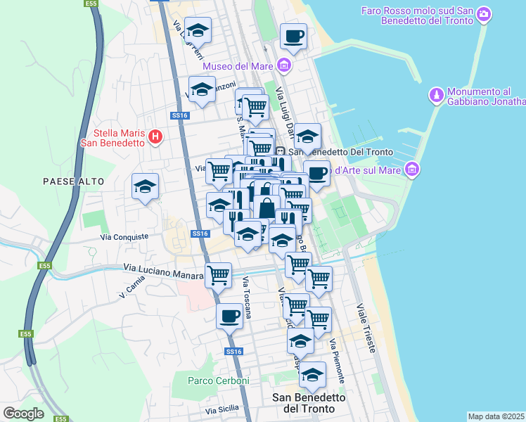 map of restaurants, bars, coffee shops, grocery stores, and more near 21 Viale Secondo Moretti in San Benedetto del Tronto