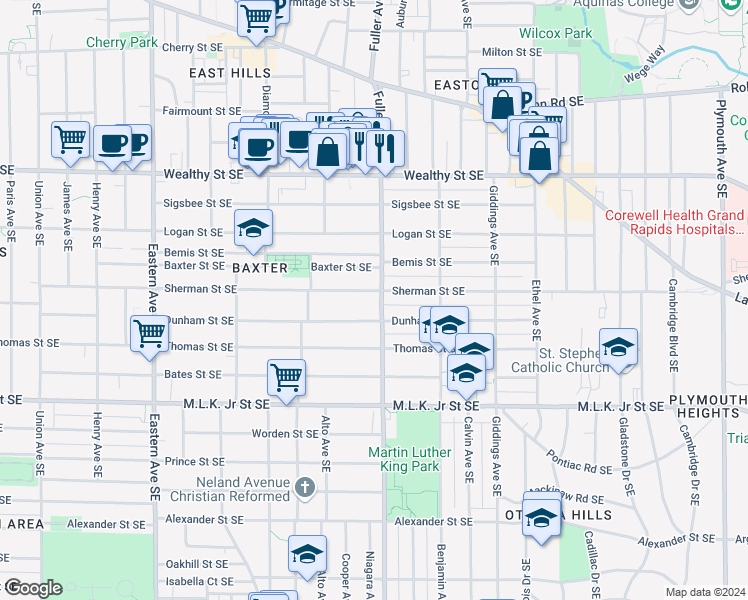 map of restaurants, bars, coffee shops, grocery stores, and more near 627 Fuller Avenue Southeast in Grand Rapids