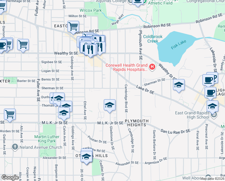 map of restaurants, bars, coffee shops, grocery stores, and more near 1620 Sherman Street Southeast in East Grand Rapids