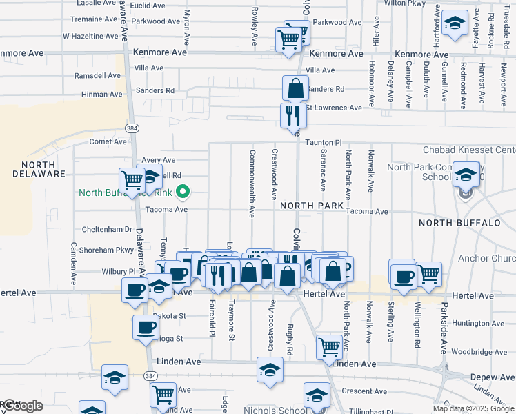 map of restaurants, bars, coffee shops, grocery stores, and more near 237 Commonwealth Avenue in Buffalo