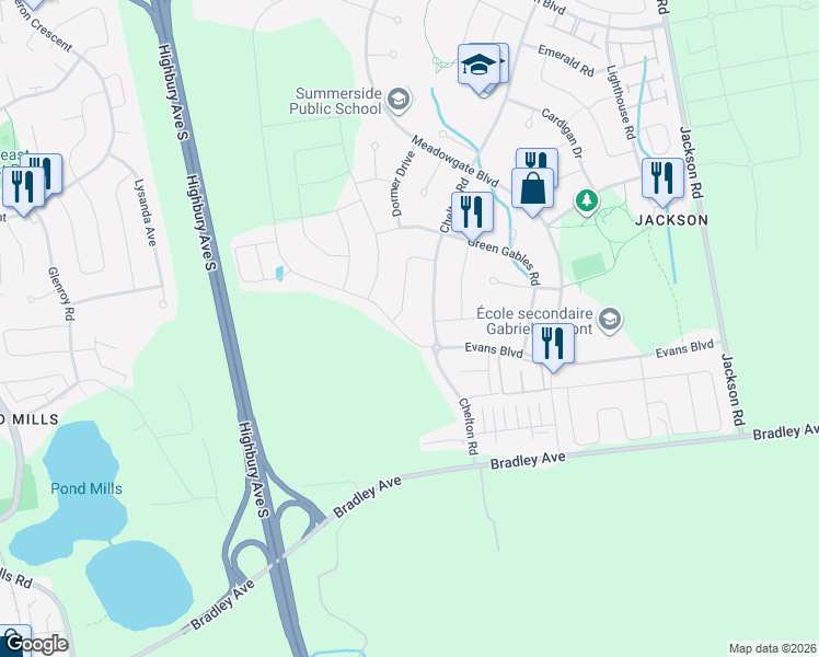 map of restaurants, bars, coffee shops, grocery stores, and more near 2155 Evans Boulevard in London