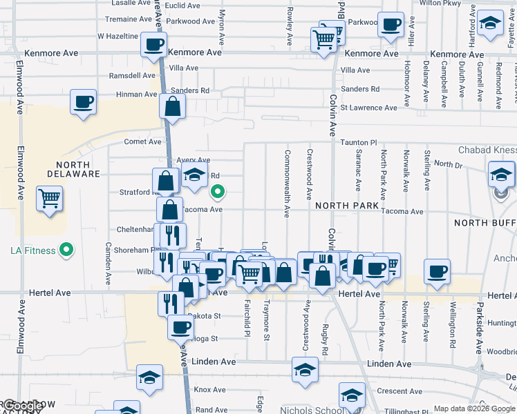 map of restaurants, bars, coffee shops, grocery stores, and more near 113 Virgil Avenue in Buffalo