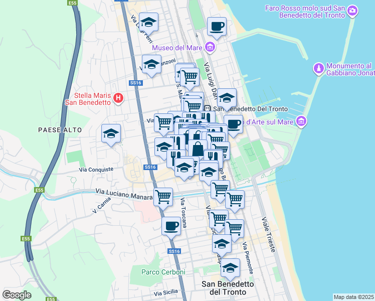 map of restaurants, bars, coffee shops, grocery stores, and more near 21 Viale Secondo Moretti in San Benedetto del Tronto