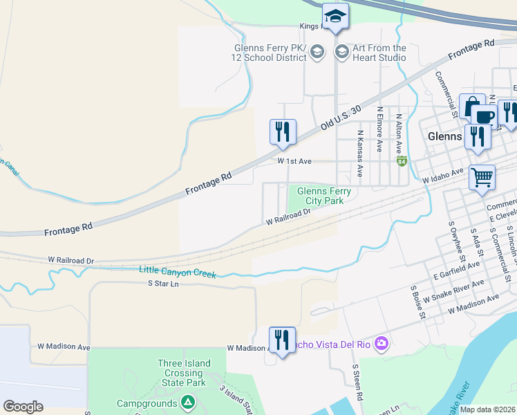 map of restaurants, bars, coffee shops, grocery stores, and more near 1168 West Railroad Drive in Glenns Ferry