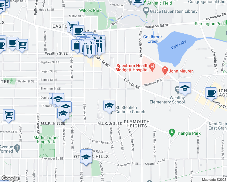 map of restaurants, bars, coffee shops, grocery stores, and more near 1624 Sherman Street Southeast in East Grand Rapids
