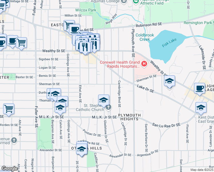 map of restaurants, bars, coffee shops, grocery stores, and more near 1622 Sherman Street Southeast in East Grand Rapids