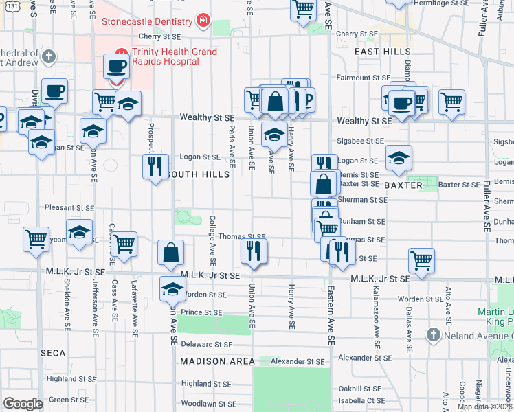 map of restaurants, bars, coffee shops, grocery stores, and more near 610 Union Avenue Southeast in Grand Rapids