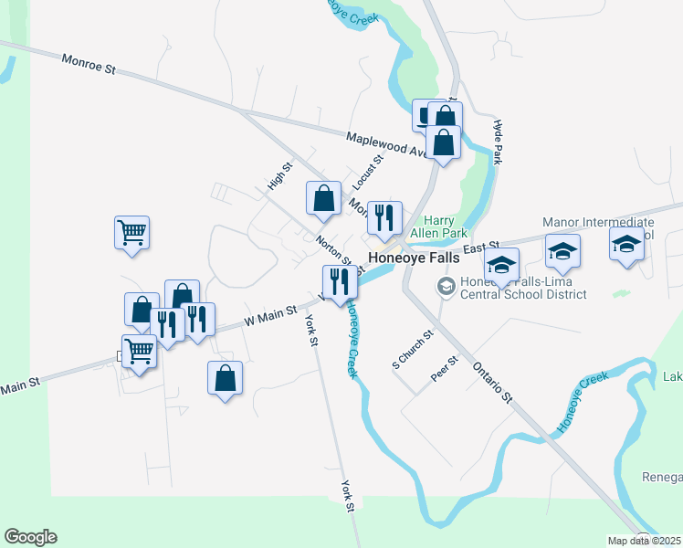 map of restaurants, bars, coffee shops, grocery stores, and more near 58 West Main Street in Honeoye Falls