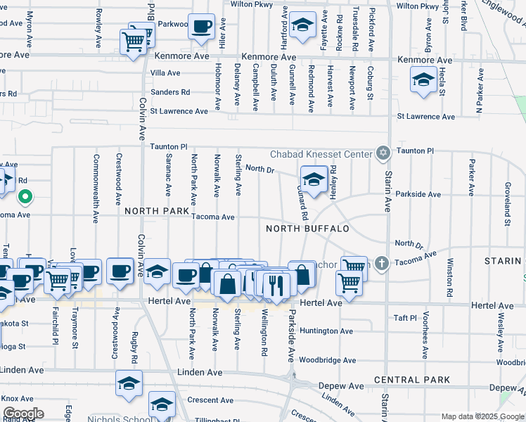map of restaurants, bars, coffee shops, grocery stores, and more near 236 Wellington Road in Buffalo