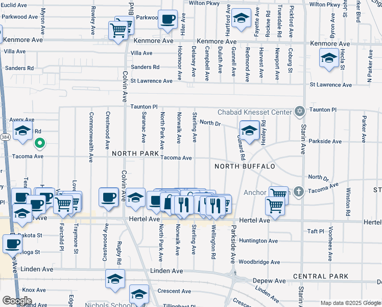 map of restaurants, bars, coffee shops, grocery stores, and more near 226 Sterling Avenue in Buffalo