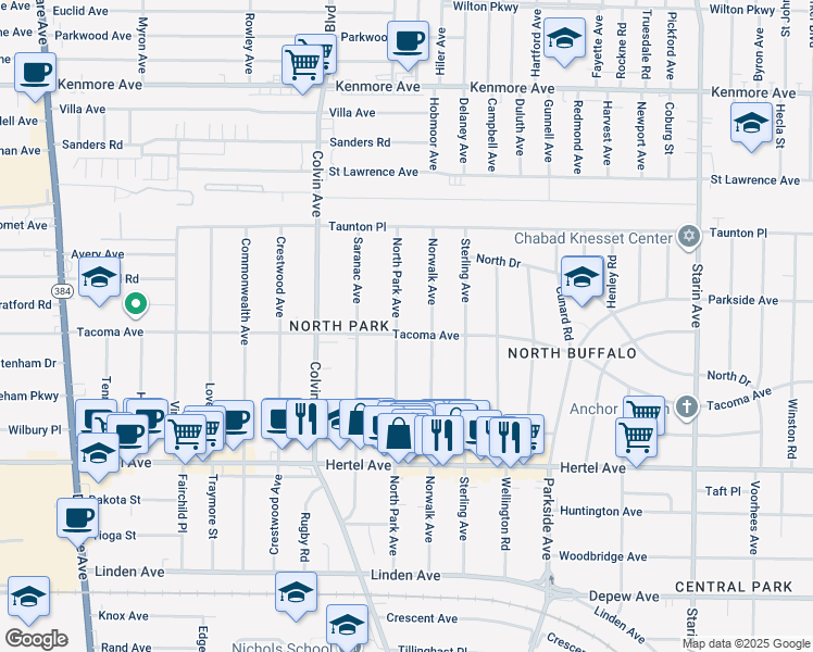 map of restaurants, bars, coffee shops, grocery stores, and more near 232 Norwalk Avenue in Buffalo