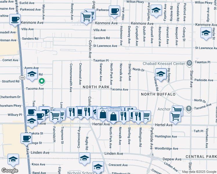 map of restaurants, bars, coffee shops, grocery stores, and more near 236 North Park Avenue in Buffalo