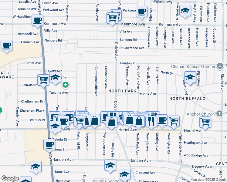 map of restaurants, bars, coffee shops, grocery stores, and more near 370 Colvin Avenue in Buffalo
