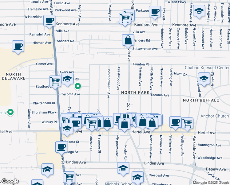 map of restaurants, bars, coffee shops, grocery stores, and more near 216 Crestwood Avenue in Buffalo