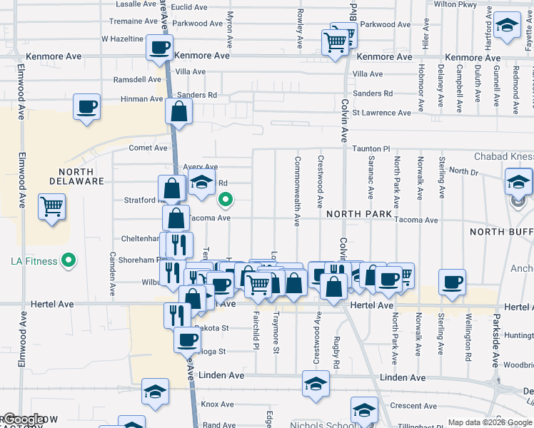 map of restaurants, bars, coffee shops, grocery stores, and more near 113 Virgil Avenue in Buffalo