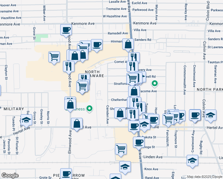map of restaurants, bars, coffee shops, grocery stores, and more near 116 Camden Avenue in Buffalo